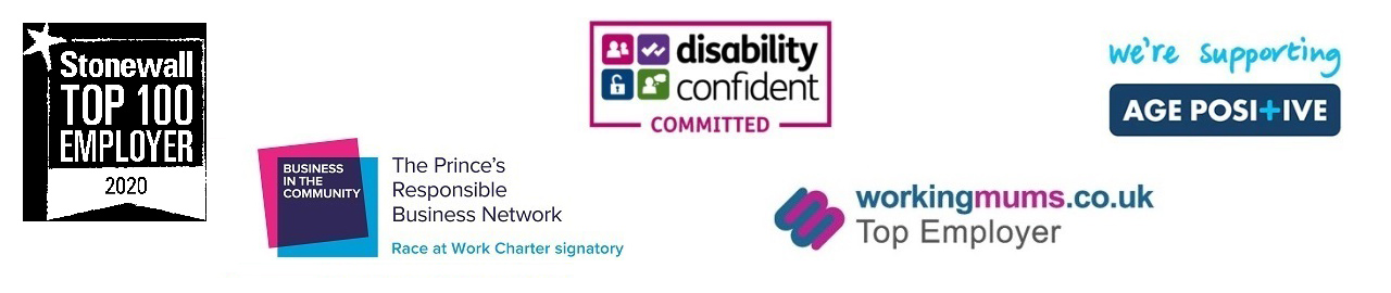 dd02592-logos-banner Logos - Stonewall top 100 employer 2020; The Prince's Responsible Business Network; Disability confident committed; workingmums.co.uk top employer; we're supporting age positive